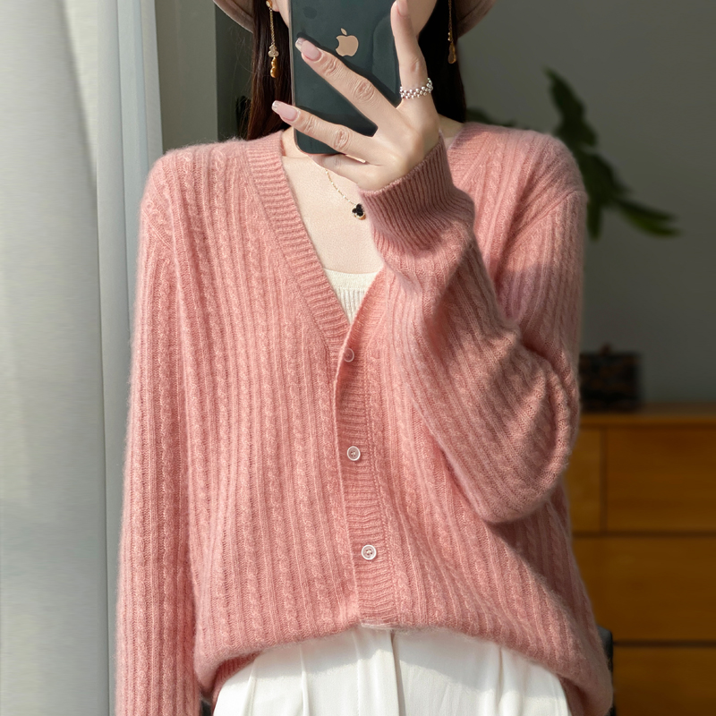 软糯质感100纯羊毛V领开衫女新款2025年春秋外搭针织衫宽松