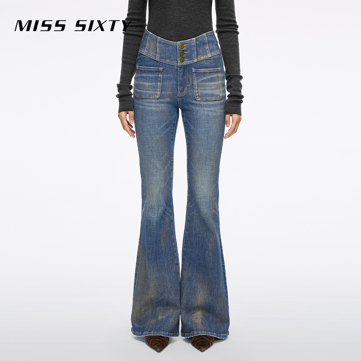 【进口牛仔面料】Miss Sixty2025冬季新款牛仔裤女烫金喇叭超模裤