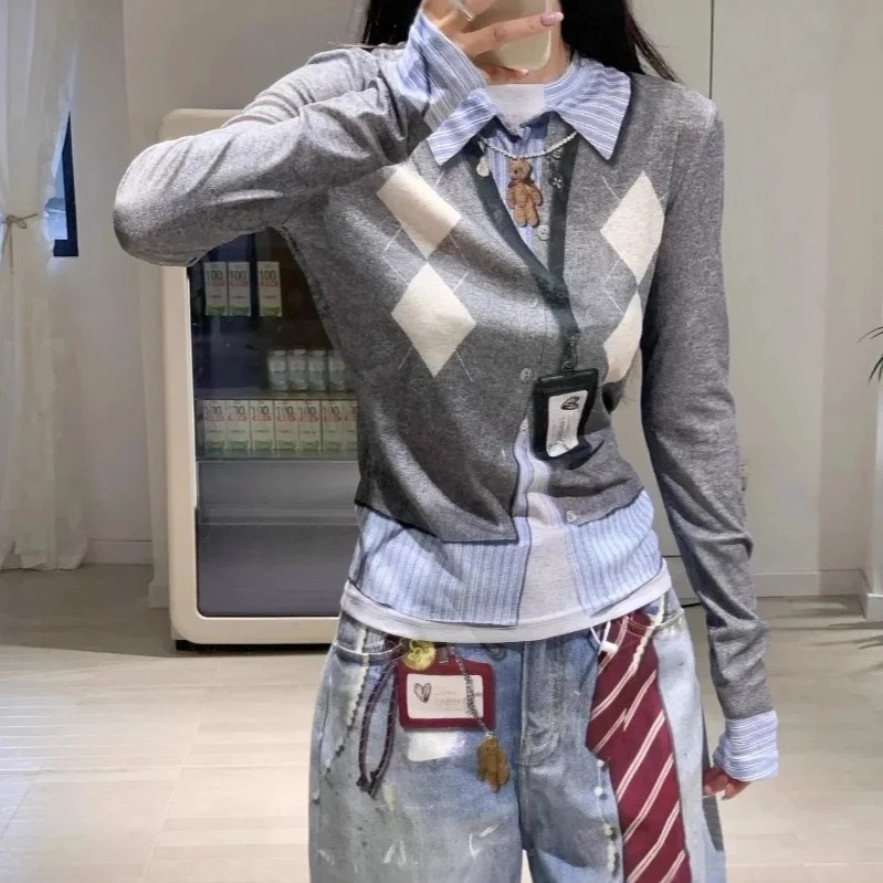 F蝶25早秋设计师趣味假两件3D印花工牌菱格打底衫