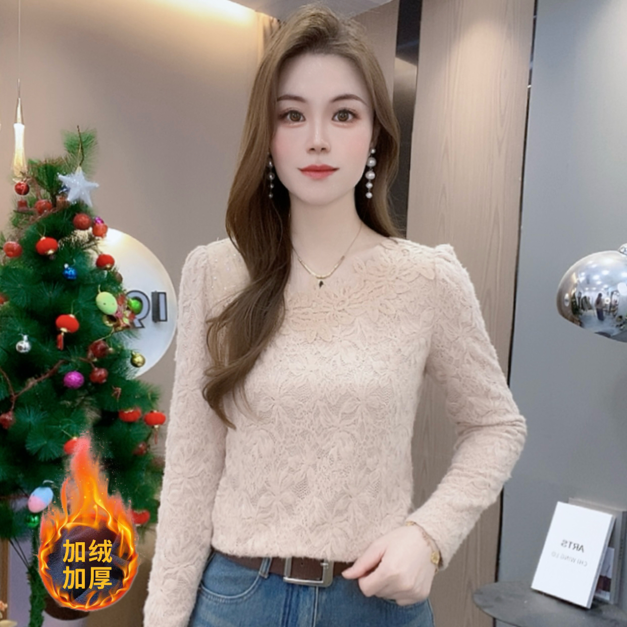 A9202洋气磨毛蕾丝衫打底衫冬季新款斜领时尚修身百搭减龄上衣