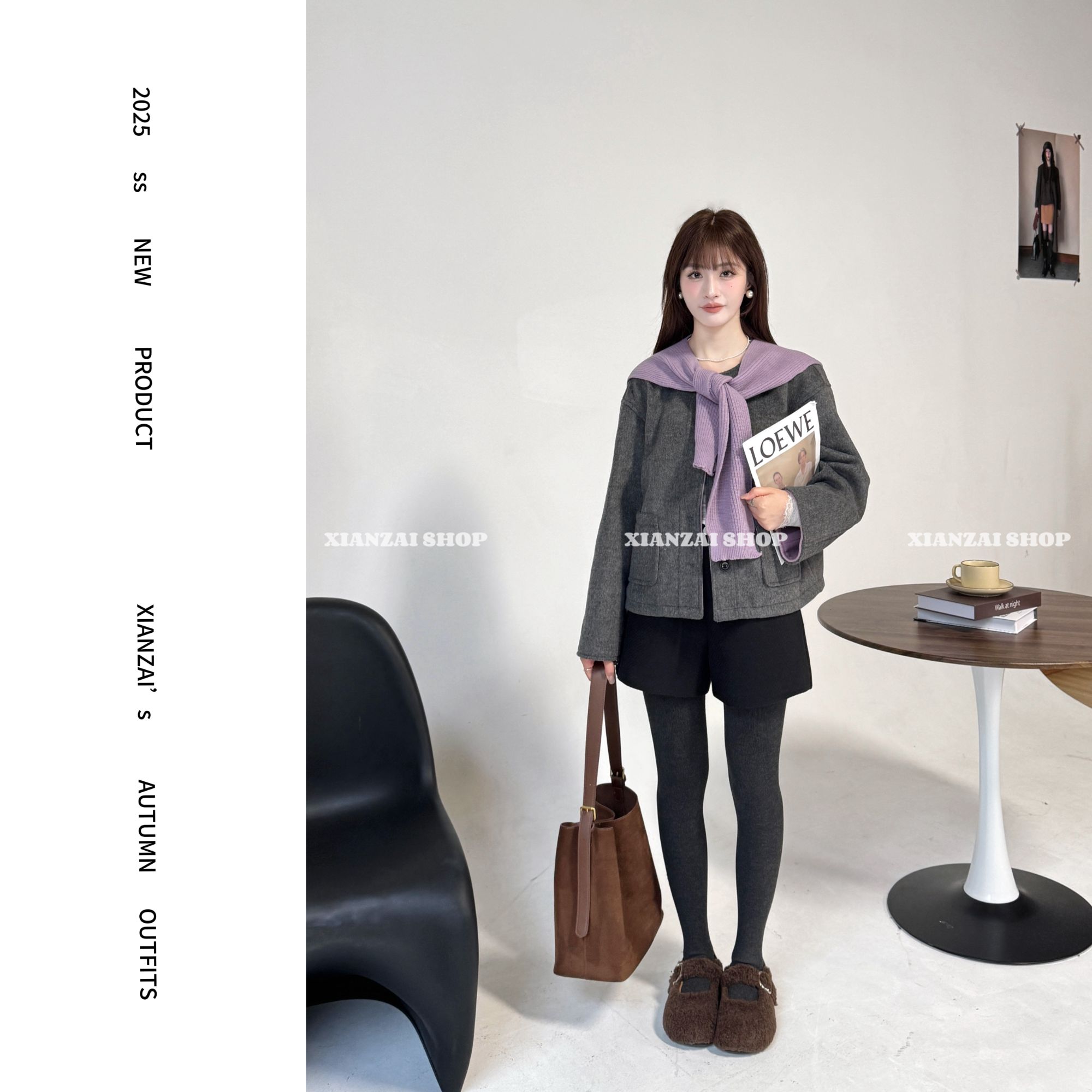 XIANZAI【芋泥布丁】秋冬新款韩系撞色羊毛外套披肩短裤三件套装