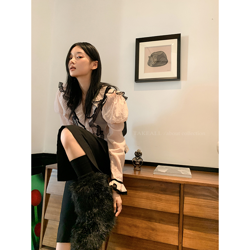 【特价】 獨家原创款 撞色蕾丝科技棉纱面料古着衬衫RC242010