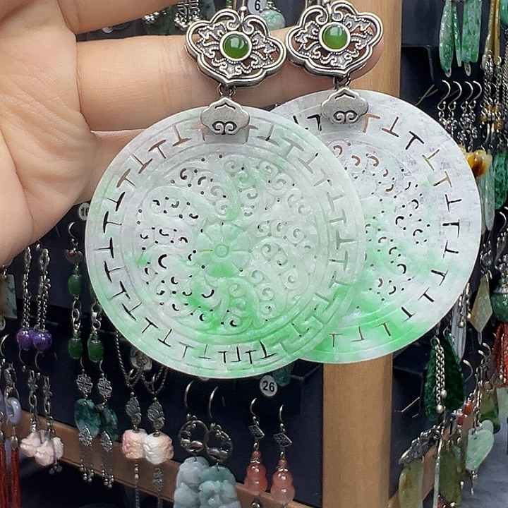 拾***荒翡翠银S925镶嵌耳饰