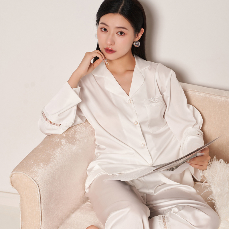 春夏纯色蕾丝接拼长袖长裤冰丝大码睡衣女士舒适家居服套装