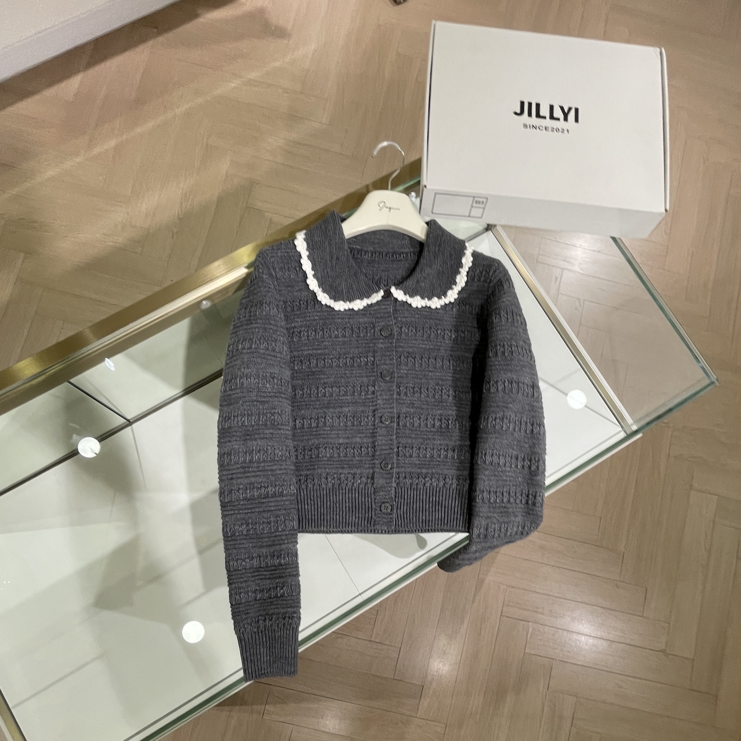 jillyi【灰调森林】灰色元宝领公主气质时尚针织开衫秋季百搭