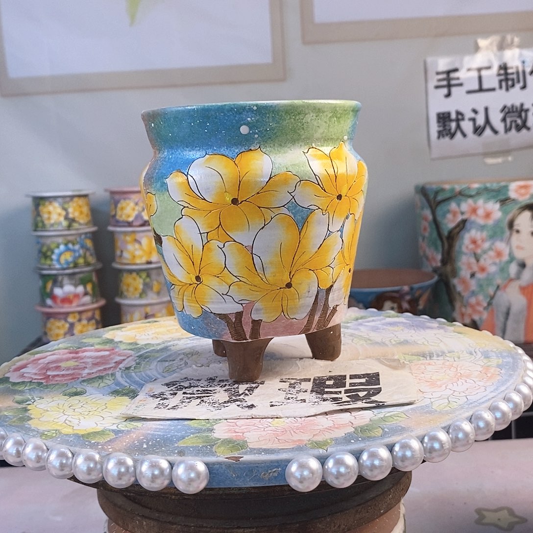 紫砂花盆红陶手绘花盆