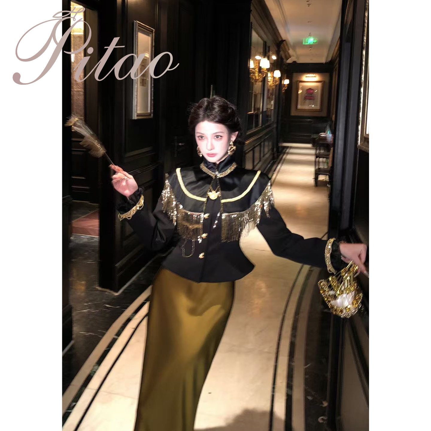 杜屁屁桃PITAO 原创【墨香古卷】秋季新品重工时尚重工外套气质半裙