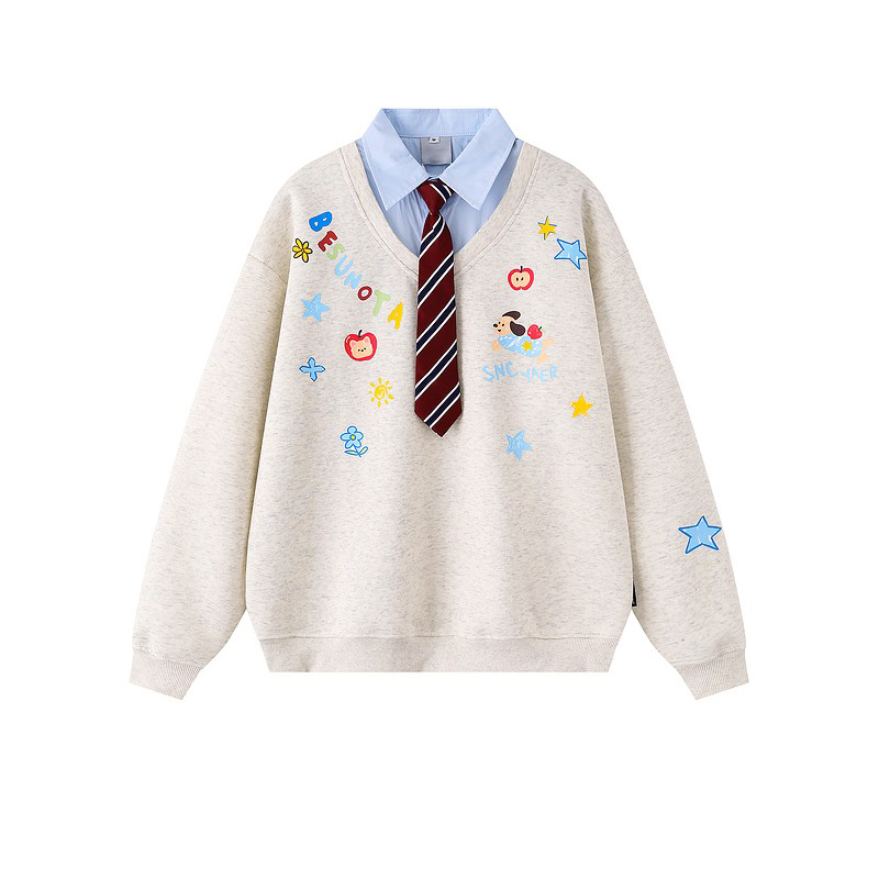 卡通小狗印花假两件POLO领卫衣女男秋冬季学院风套头宽松休闲上衣