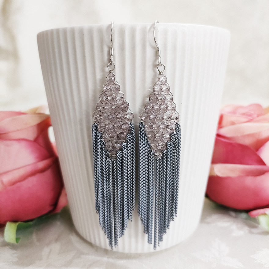 铜合金耳饰 民族风手工编织菱形珠珠流苏耳环3170