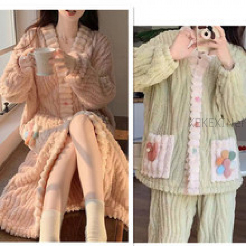 苏开衫睡衣女秋冬法兰绒加厚保暖睡袍可外穿家居服女珊瑚绒套装
