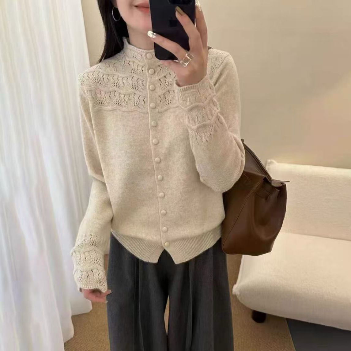 秋冬新款半高领镂空花纹单排扣羊毛6720