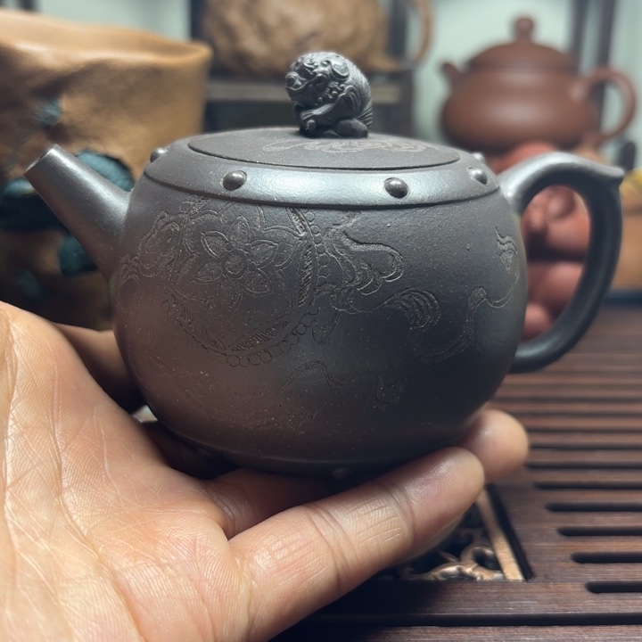 紫砂茶壶党醒狮石鼓天青紫泥170c c