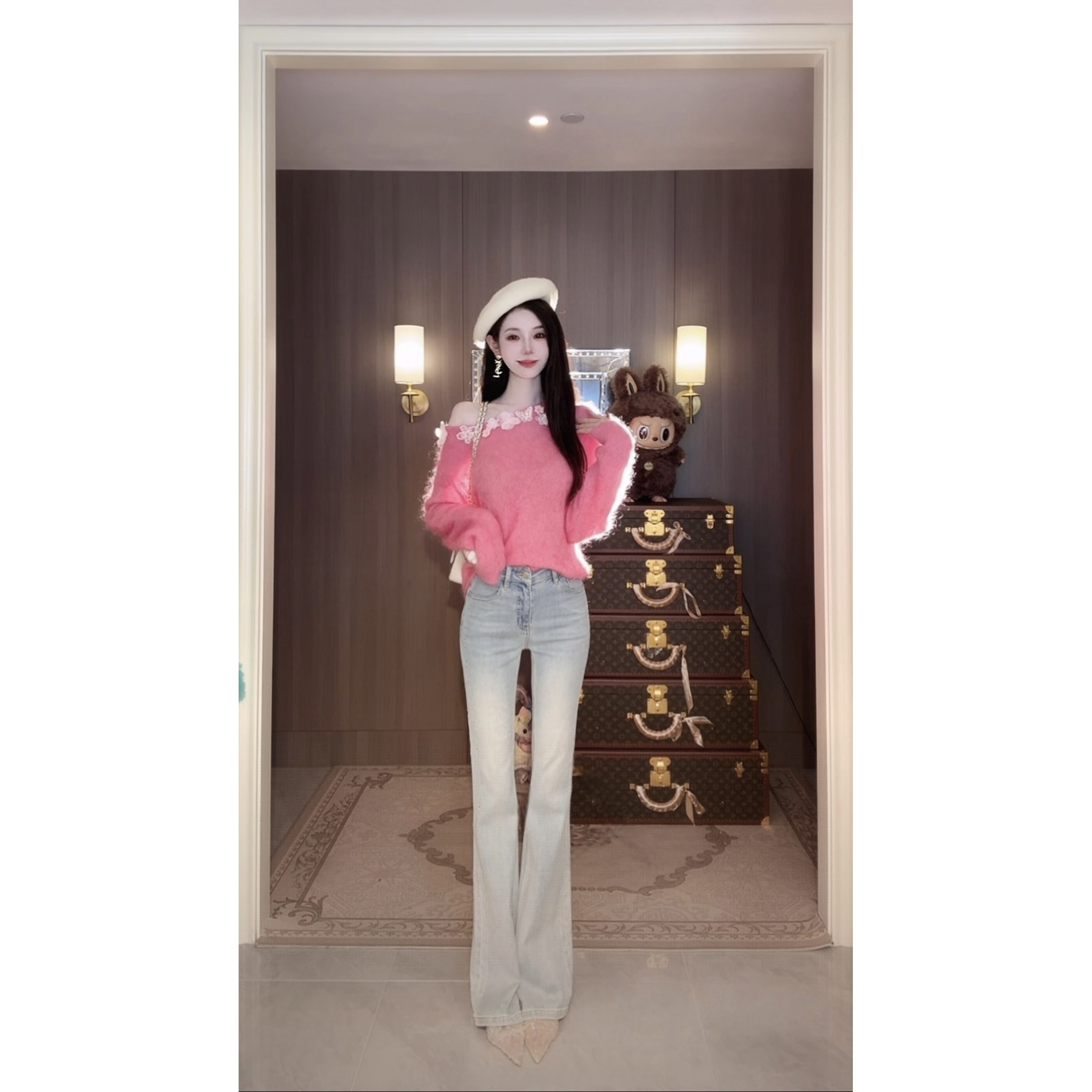 【雅乔定制】时尚百搭高腰显瘦磨白烫钻微喇牛仔裤DYJJ-25040879