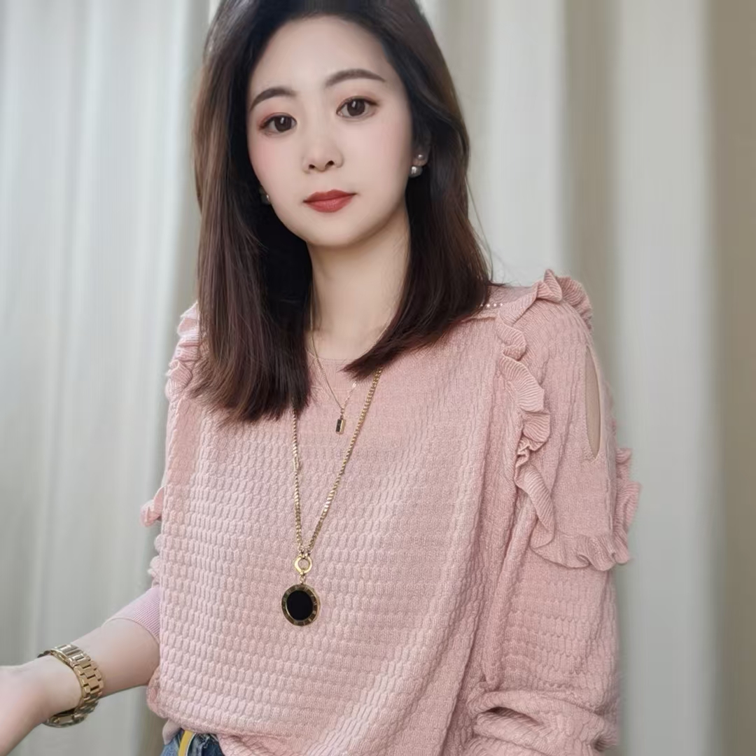 2025早秋新款时尚气质简约减龄纯色圆领长袖洋气百搭女士针织衫