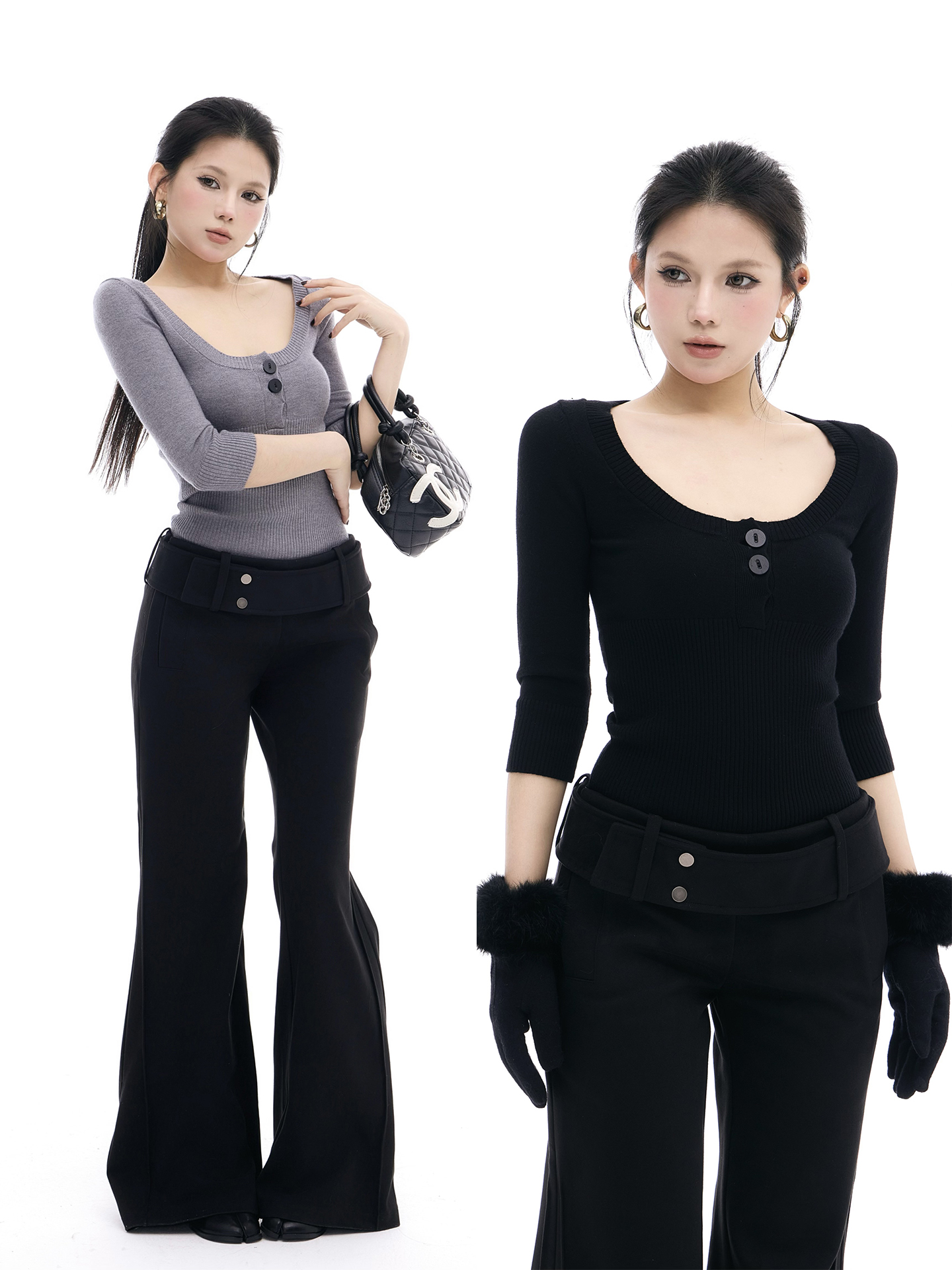 【吉月月】细针弹力亨利领七分袖U领修身显身材毛针织上衣