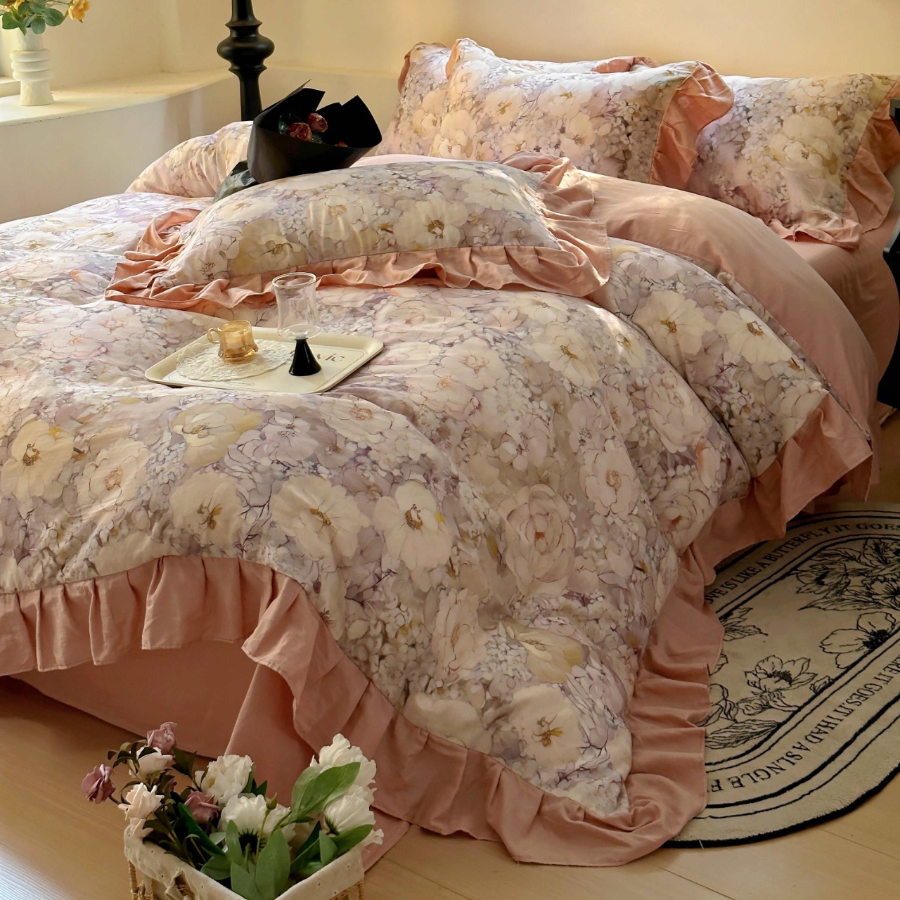 法式荷叶边纯棉双层纱四件套全棉印花公主风床上用品