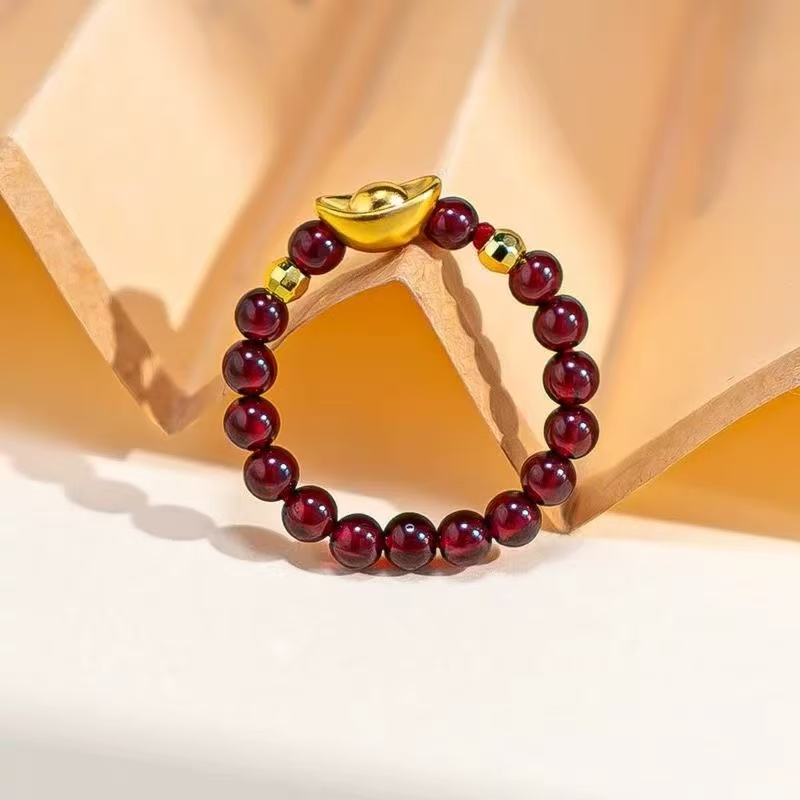 【黄金补贴w】足金元宝搭配天然石榴石戒指（证书）