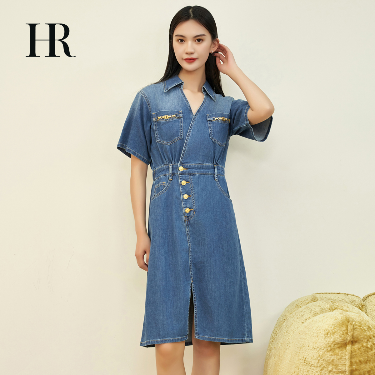 【HR赫莲娜】牛仔连衣裙休闲修身蓝色裙子女装宽松设计polo领-