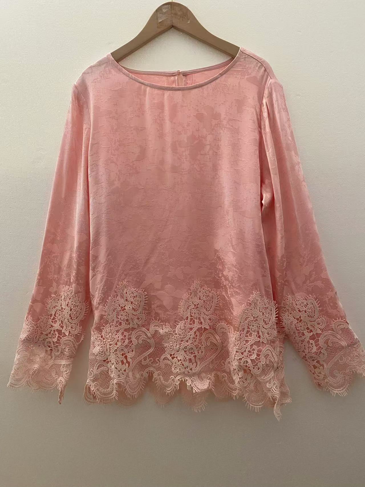 24276 【粉蝶罗】春夏女士舒适宽松纯色百搭蕾丝拼接雪纺衫