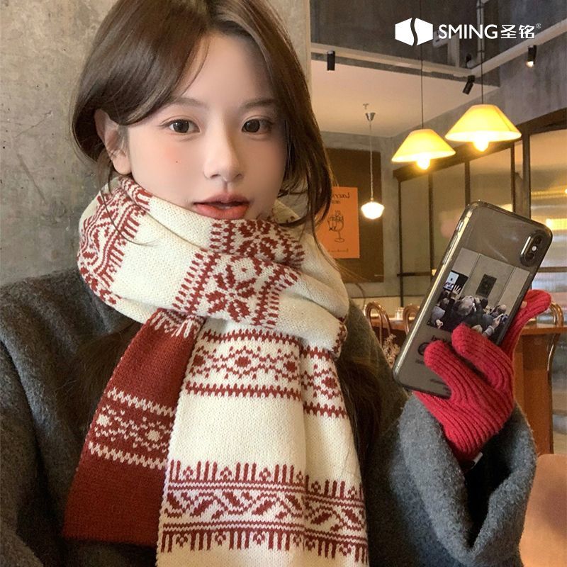 费尔岛风红白双色提花围巾针织披肩围脖圣诞新年秋冬新款厚拍照女