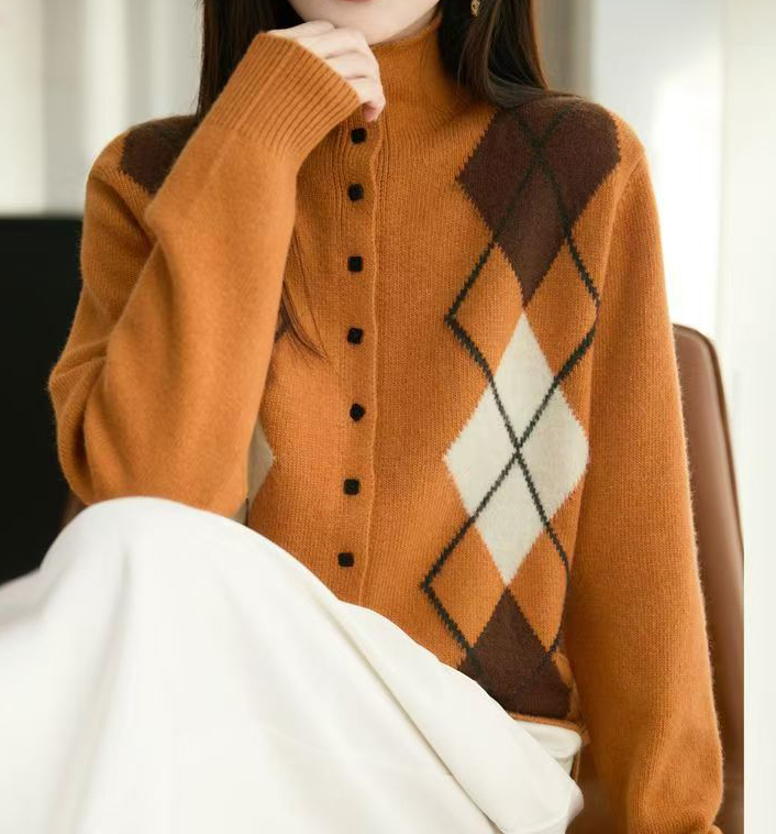 复古时尚加厚针织开衫菱形立领毛衣外套长袖新宽松百搭上衣女显瘦