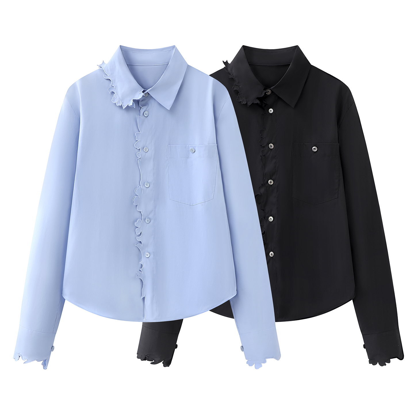 【浅蓝物语】新品通勤风不规则剪裁刺绣长袖翻领衬衫上衣女.Y50361