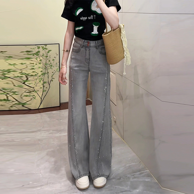 大码高级感天丝微喇牛仔裤女2025夏季新款小个子高腰不贴腿喇叭裤