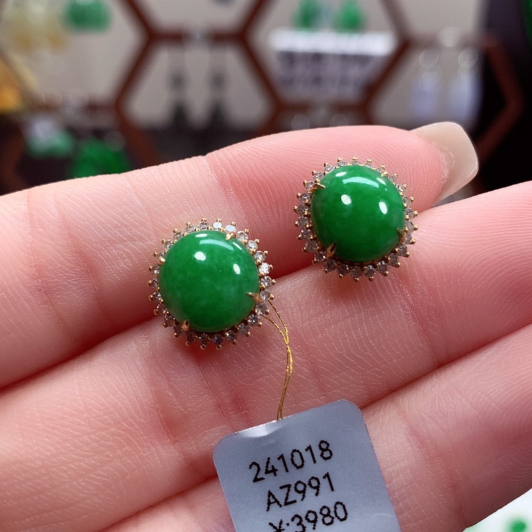 翡翠耳饰18K金镶嵌天然翡翠