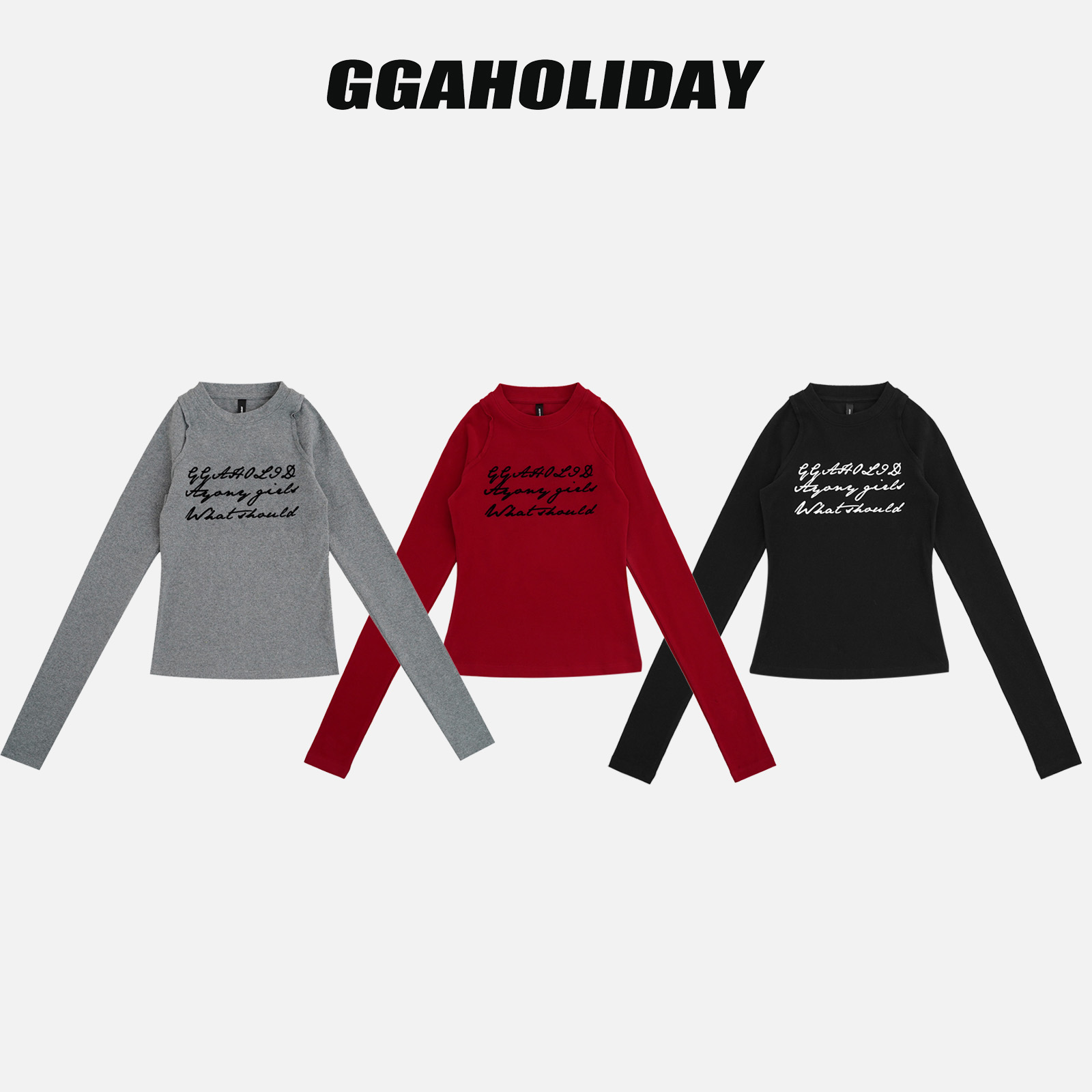 GGAHOLIDAY秋冬美式休闲时尚百搭修身字母T恤长袖打底衫-161030