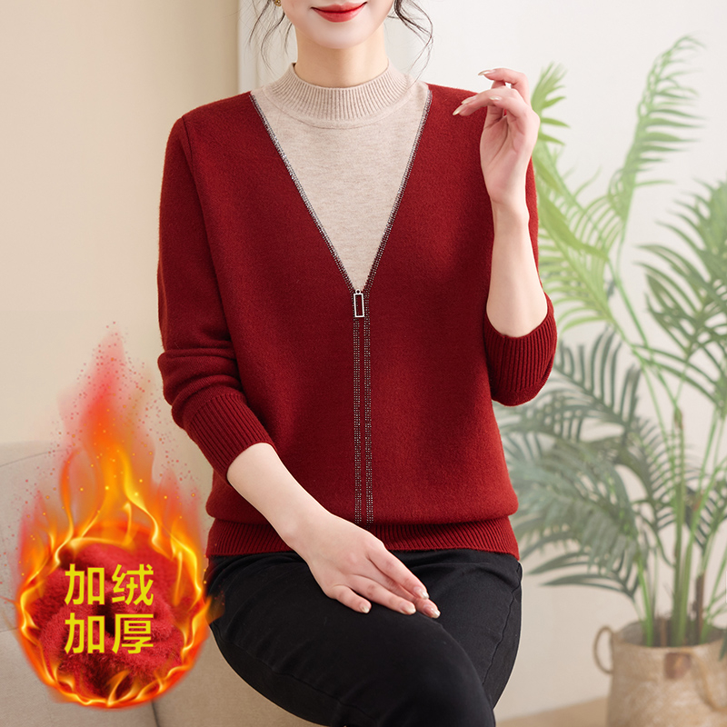 妈妈冬装加绒加厚红色毛衣新年装过年衣服中老年人女本命年打底衫