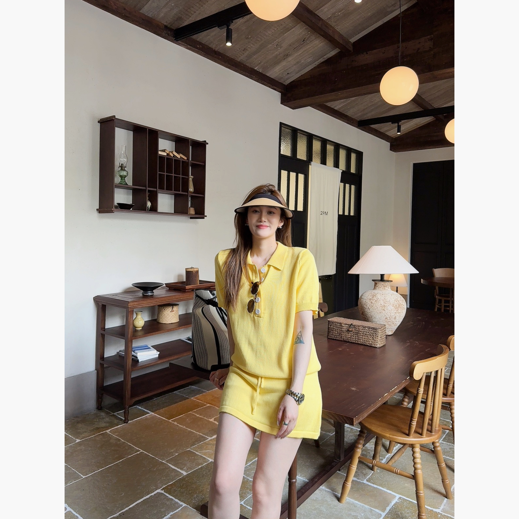 祝喜喜【彩虹糖】气质翻领针织宽松POLO夏季休闲时尚显瘦套装