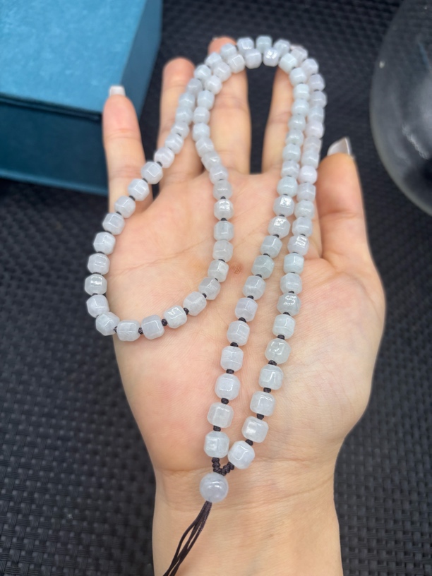 福利天然A货缅甸翡翠老坑白冰多棱珠6mm玉石珠链吊坠绳项链百搭款