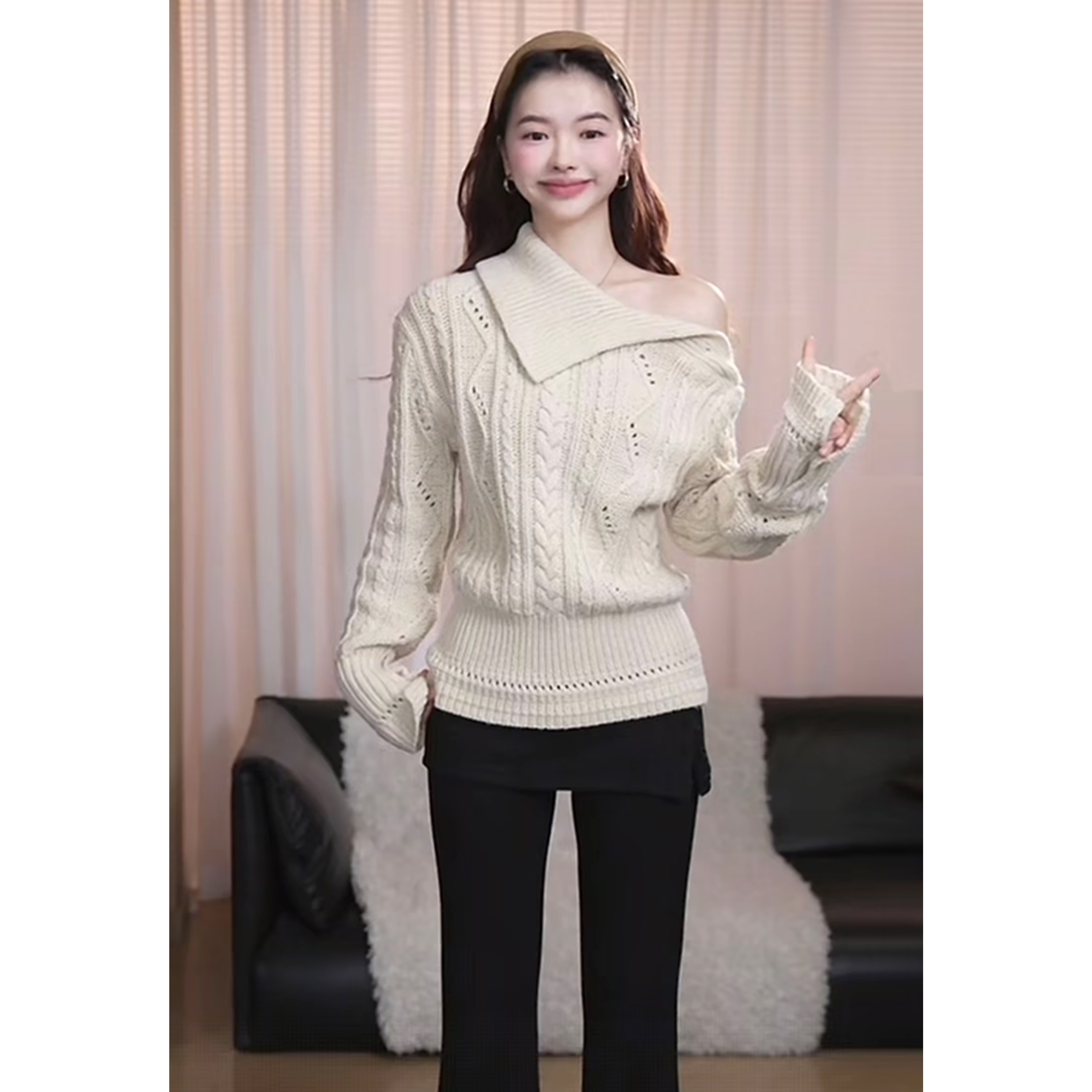 【复古信件】冬季法式不规则斜领收腰显瘦修身翻领毛衣 9921#