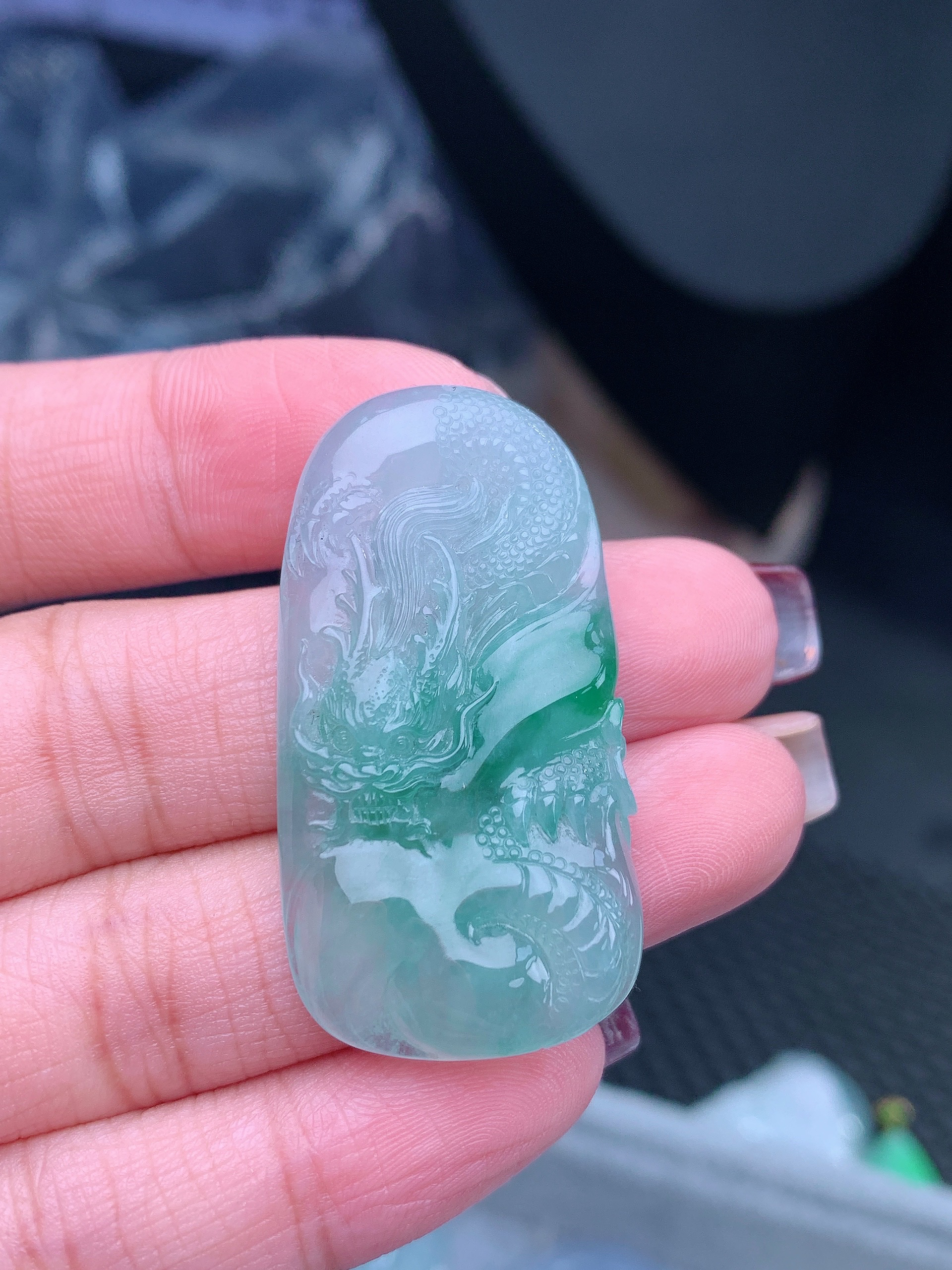 纯天然缅甸A货冰胶底飘阳绿 龙牌 大气百搭精工雕刻龙凤呈祥