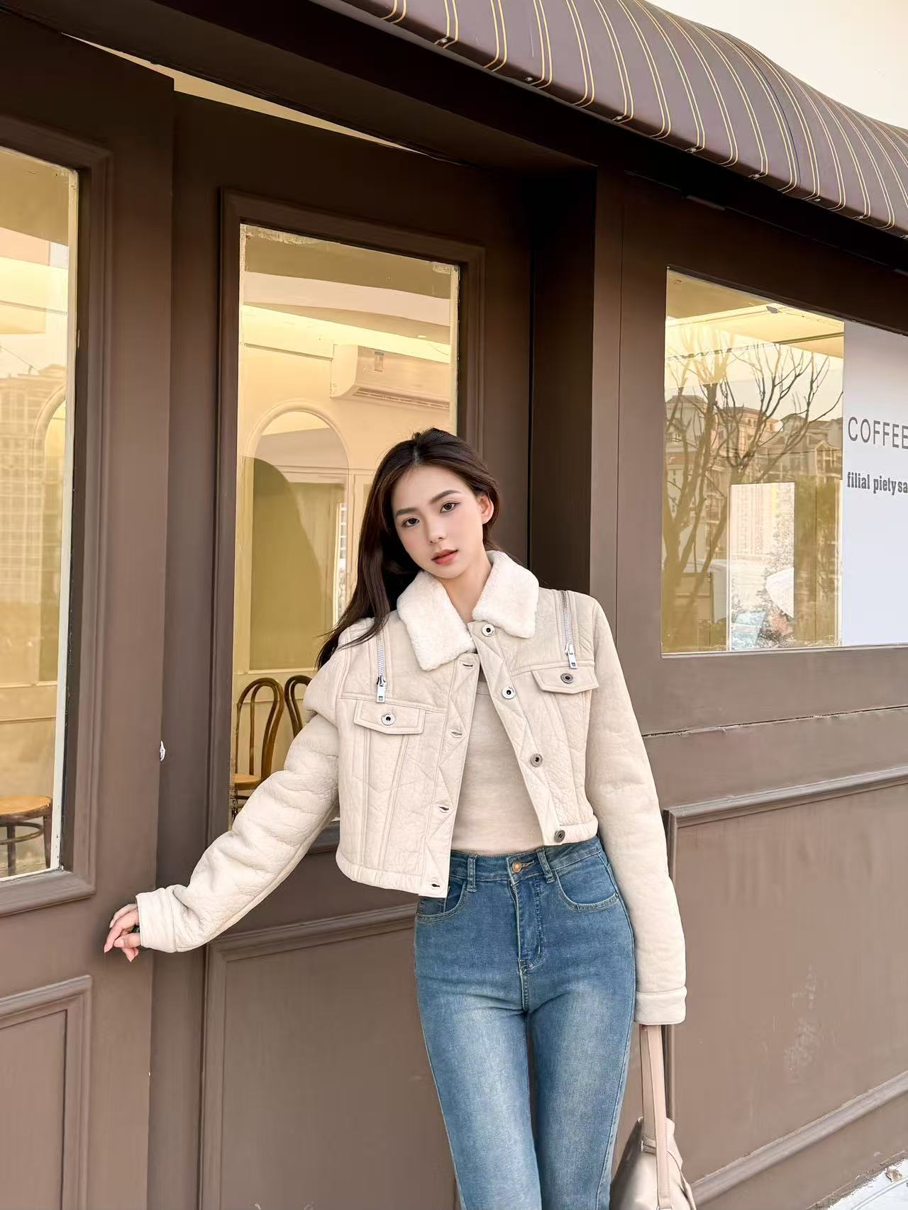 【弓ECHO】原创小个子冬季新款重工水洗羊皮毛一体机车翻领短外套女