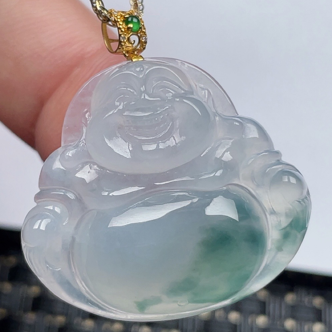 缅甸天然翡翠A货冰飘花佛公吊坠尺寸27.4-30-5.8