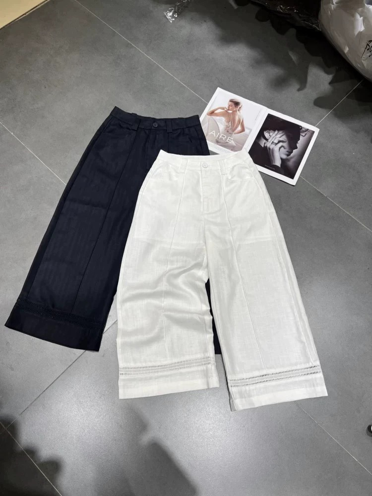 【伊家】夏季新款天丝亚麻高腰九分镂空阔腿女裤宽松显瘦休闲百搭