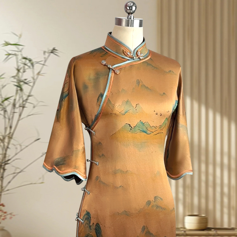 锦绣河山 玲珑娇高端旗袍国风真丝香云纱50姆米手工全开襟倒大袖