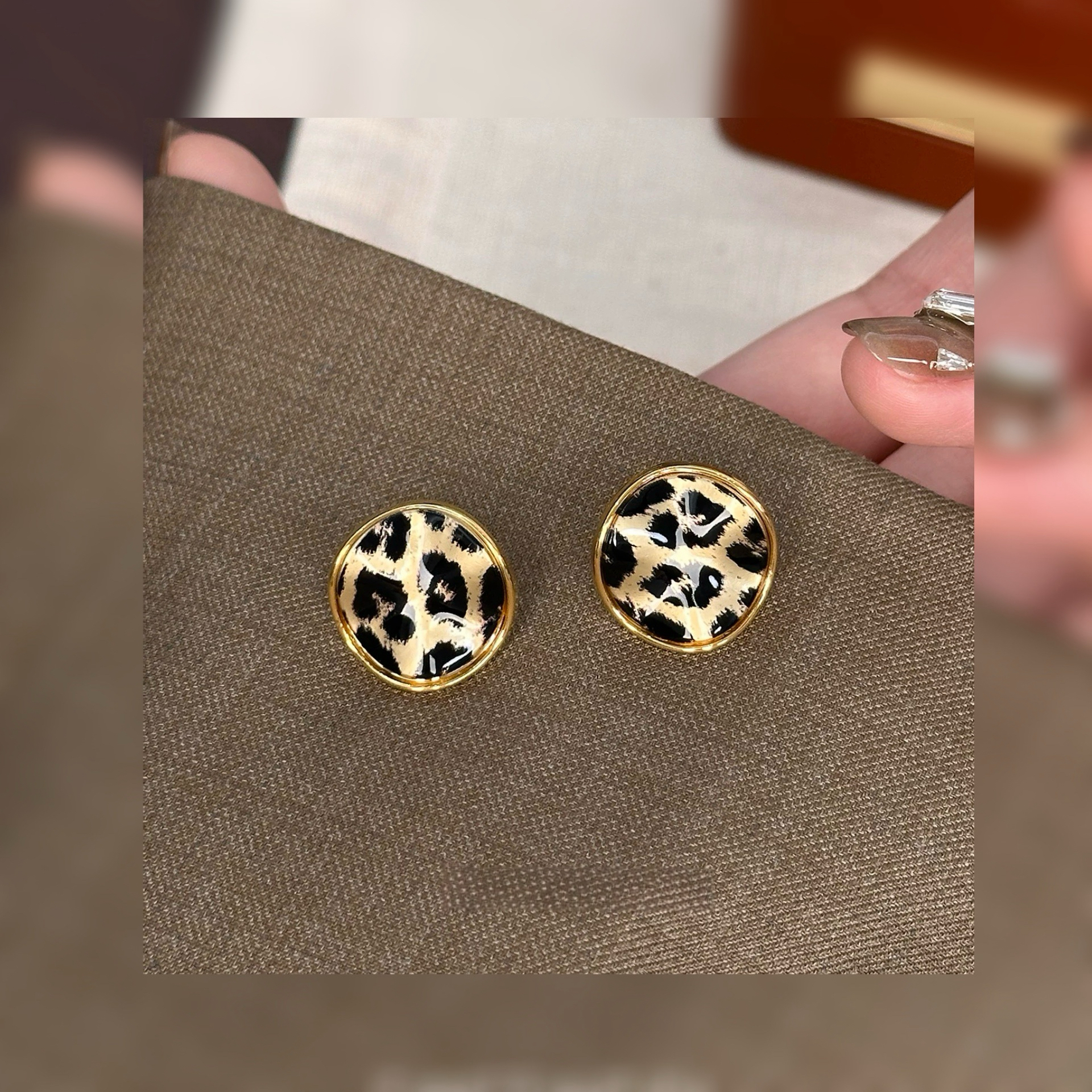 铜合金耳饰  『慵懒冬日』豹纹圆形耳钉女小众设计感轻奢