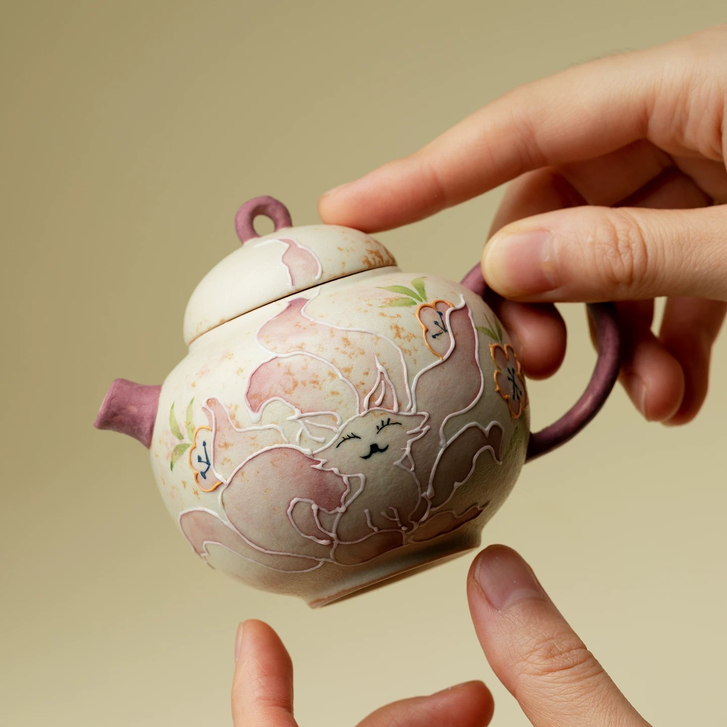 【焦糖釉九尾狐小圆壶】陶瓷纯手绘釉下彩精美泡茶壶