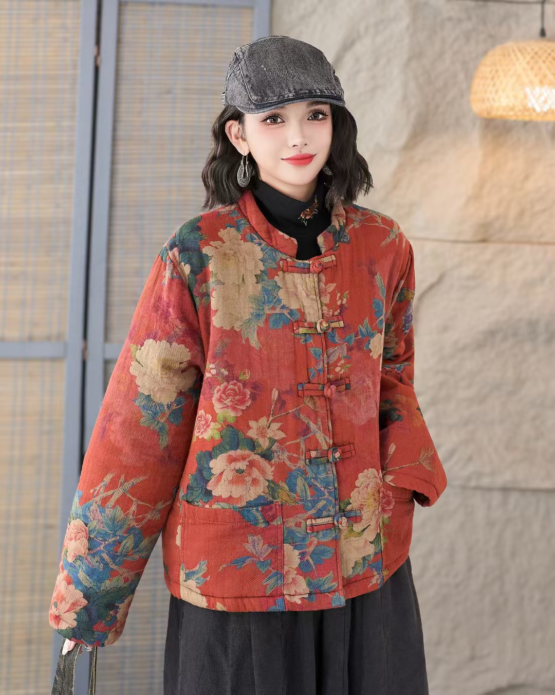 棉衣棉服保暖立领印花外套夹棉冬季款复古盘扣文艺花棉袄宽松冬装