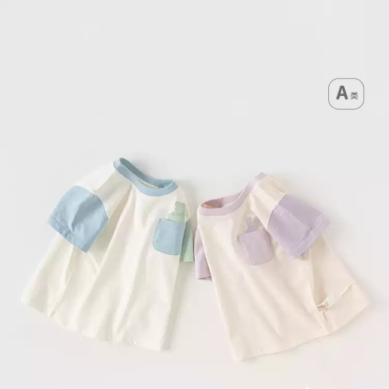 清瑕疵~洞！戴家男女童短袖T恤夏季纯棉卡通撞色圆领短袖T恤