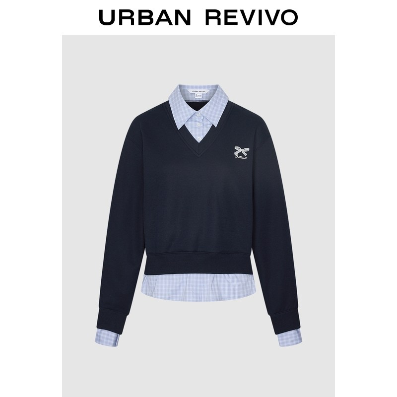 UR2026春季新款女装都市学院风拼接假两件格纹卫衣UYU460006