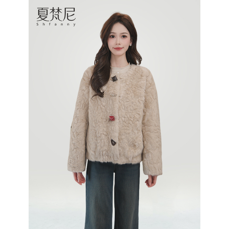 夏梵尼旺斯倦意2025年冬季新款仿水貂毛异性扣皮毛一体外套
