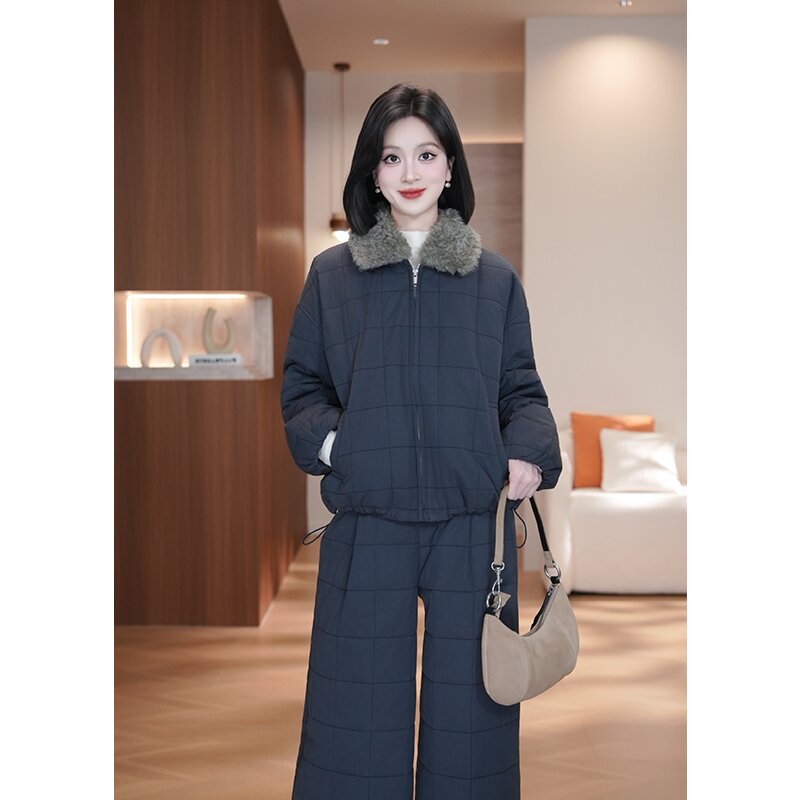 韩系毛领拼接棉服外套+保暖阔腿休闲裤女秋冬时尚洋气两件套