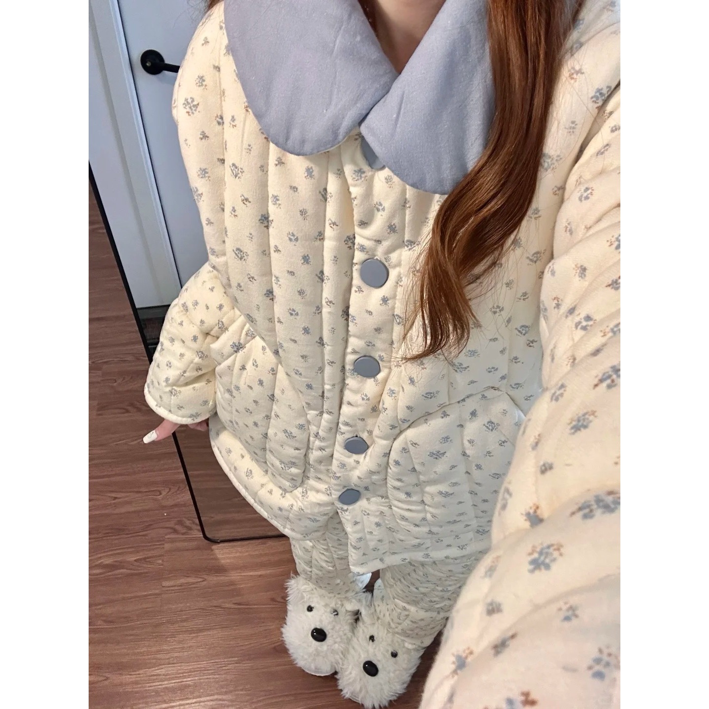韩系可爱少女碎花三层夹棉睡衣女新款棉服加厚家居服套装可外穿