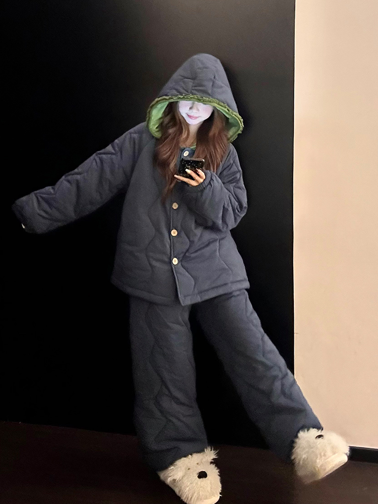 简约纯色高级感棉服睡衣女冬季复古花边舒适保暖家居服套装可外穿