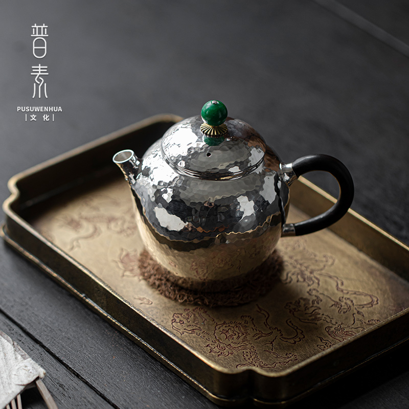 普素 竹报平安 纯银999银壶纯手工一张打泡茶壶 亮面家用功夫茶具