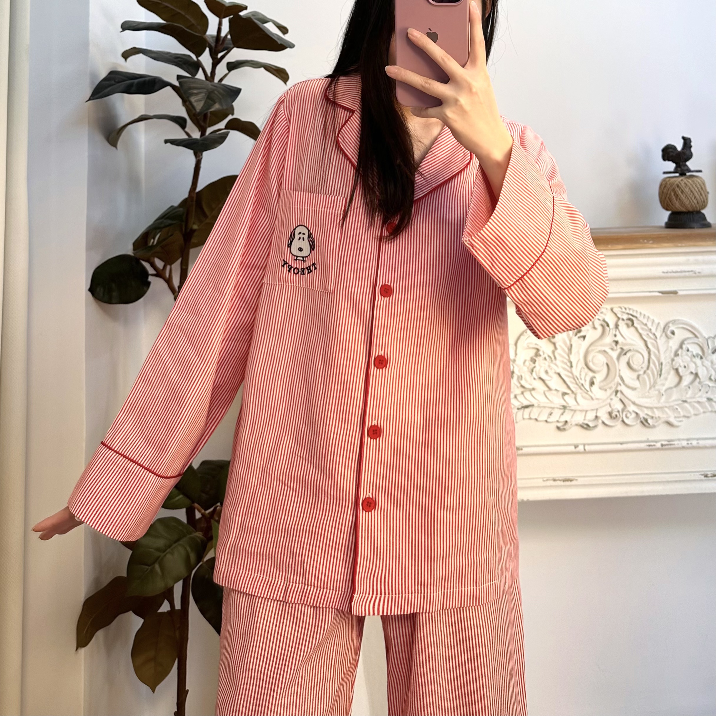 司睿【粉漾甜心】可爱卡通条纹粉色长袖纯棉春夏可外穿家居服睡衣