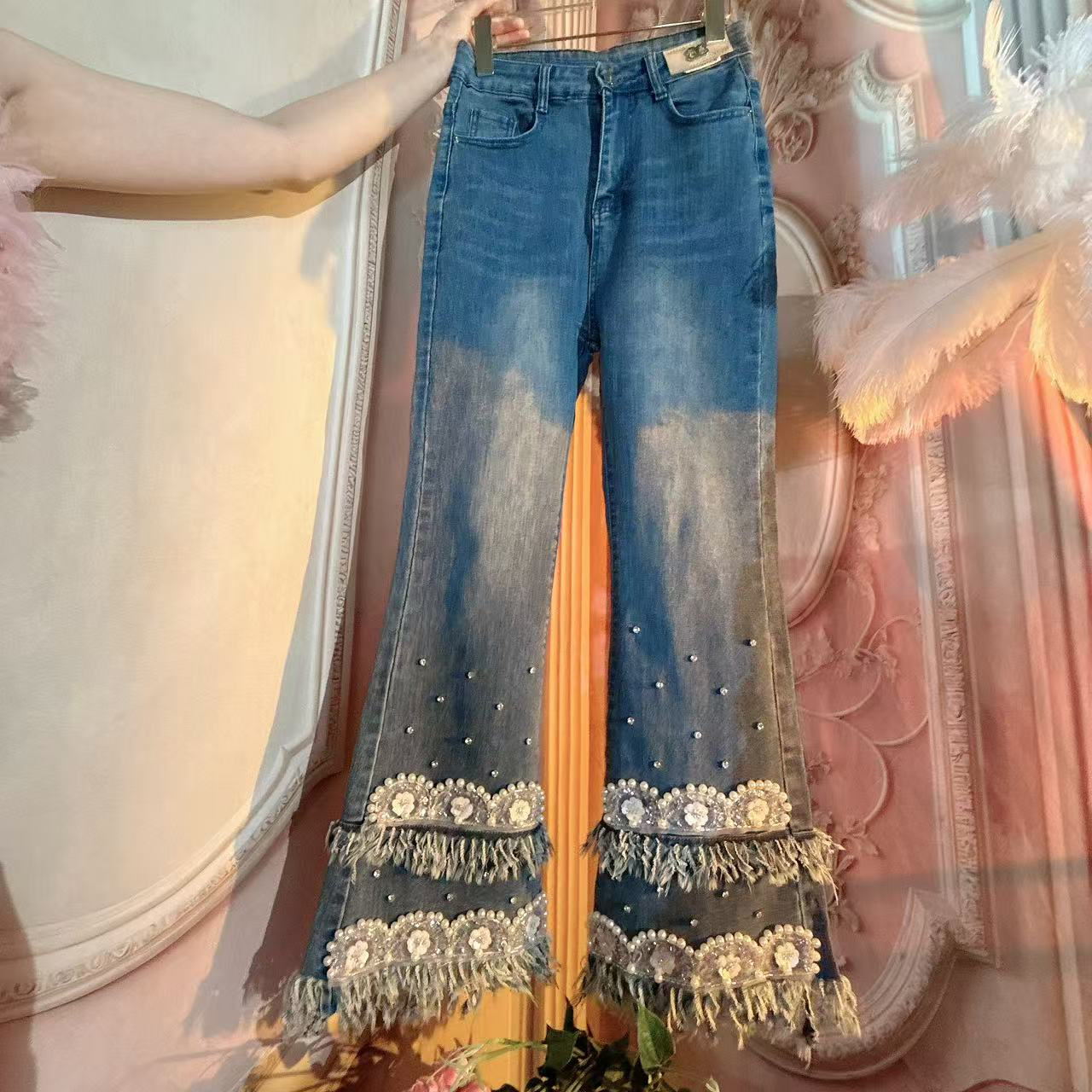 【崔】K0063 设计感重工钉珠镶钻毛毛流苏牛仔微喇裤女显瘦长裤